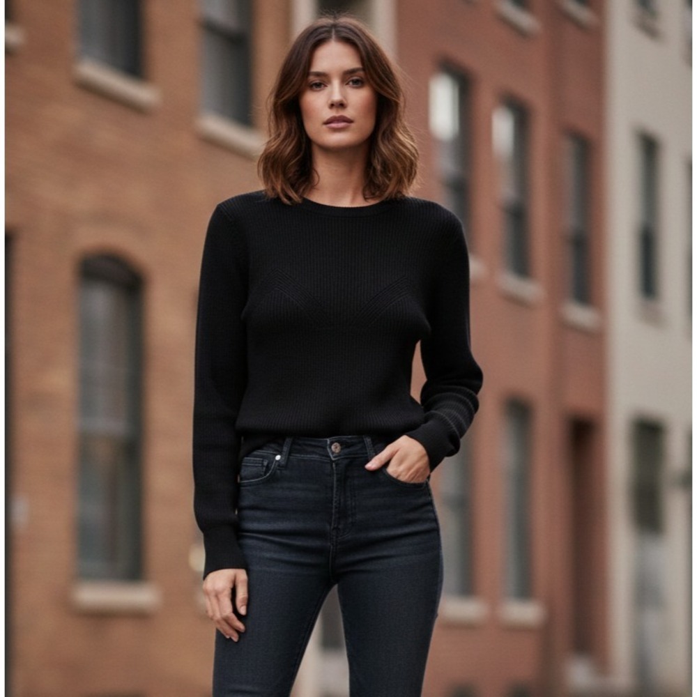 Line & Dot Crew Neck Long Ribbed Cuffs Sleeve Sweater Women's Small Black